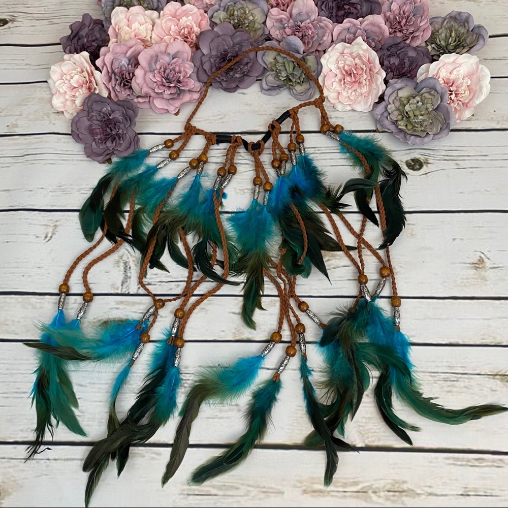 Bohemian Long Blue Feather Headdress Headband - Picture 7 of 14